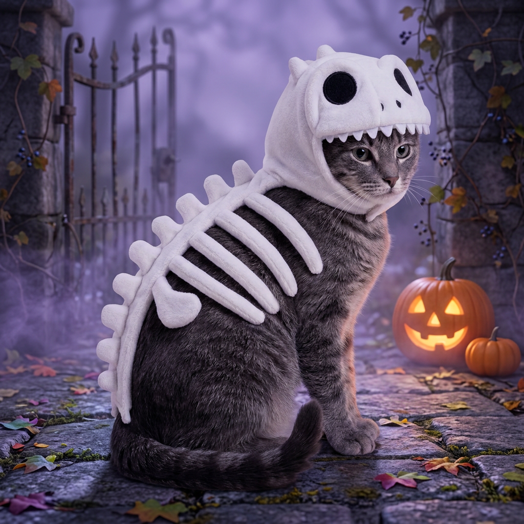 Kostium szkieletu dinozaura dla kota na Halloween