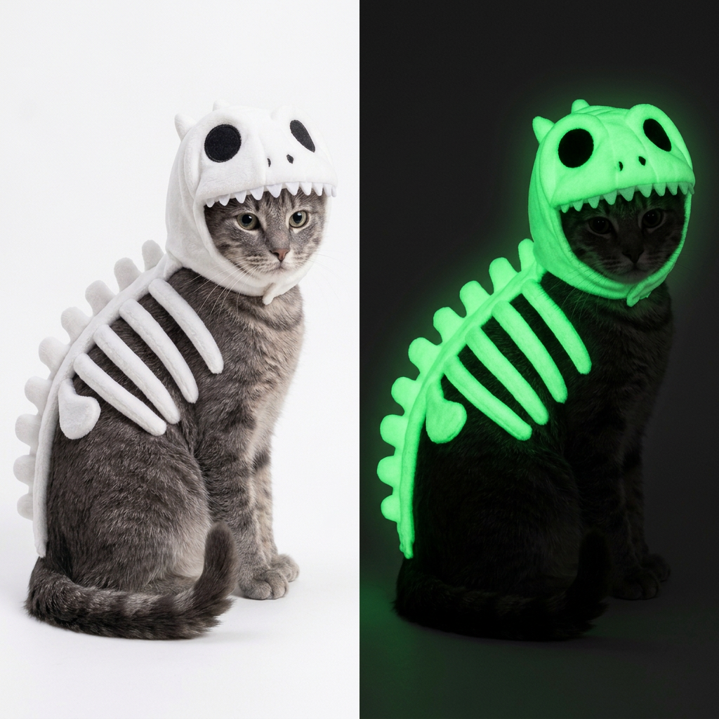 Kostium szkieletu dinozaura dla kota na Halloween