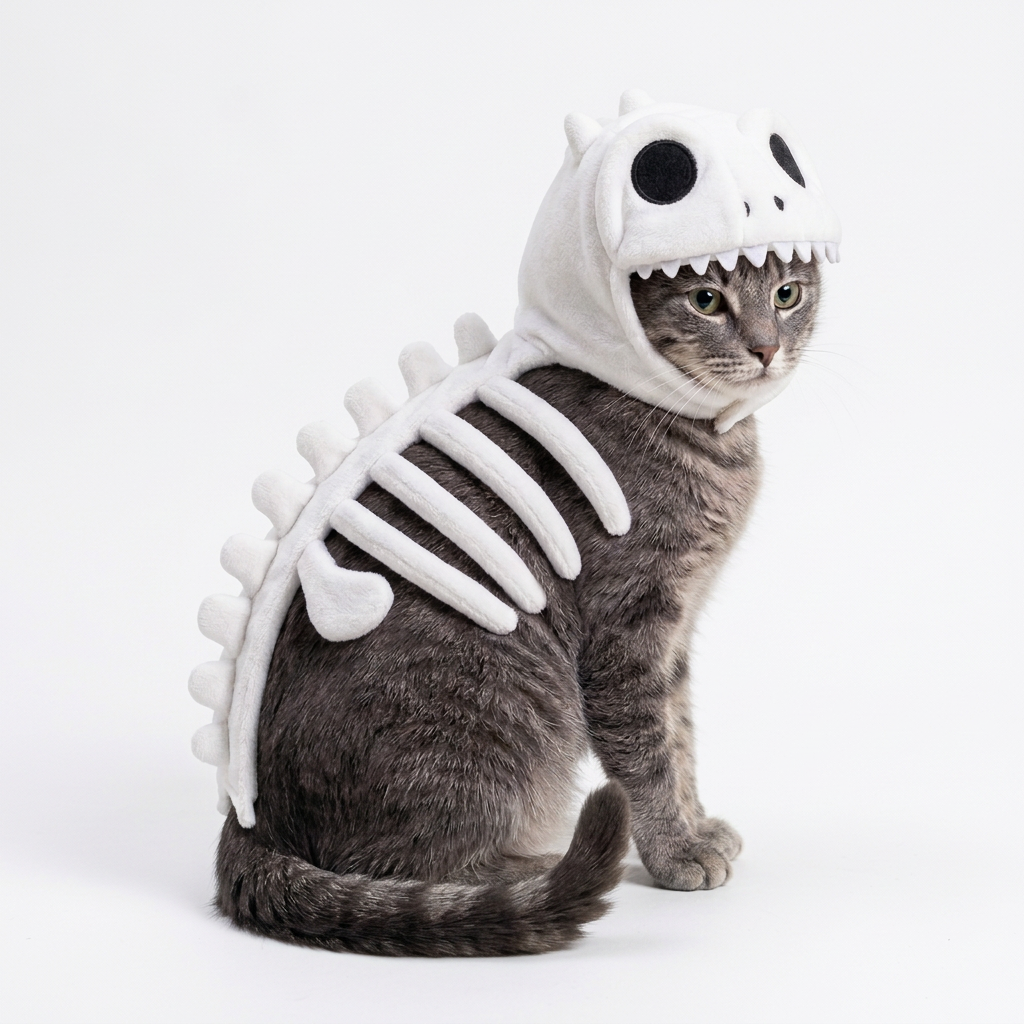 Kostium szkieletu dinozaura dla kota na Halloween