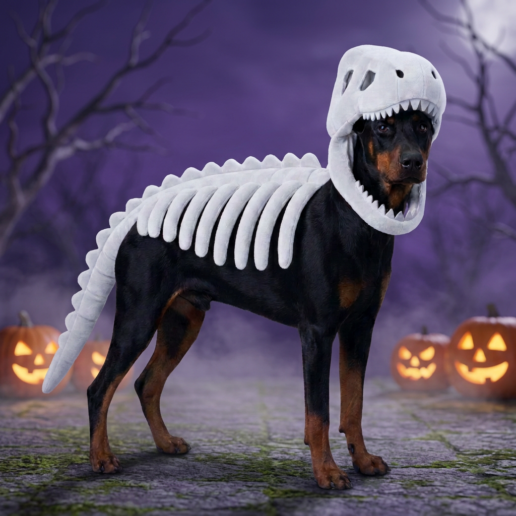 Doberman w białym kostiumie szkieletu dinozaura na halloweenowym tle z dyniami